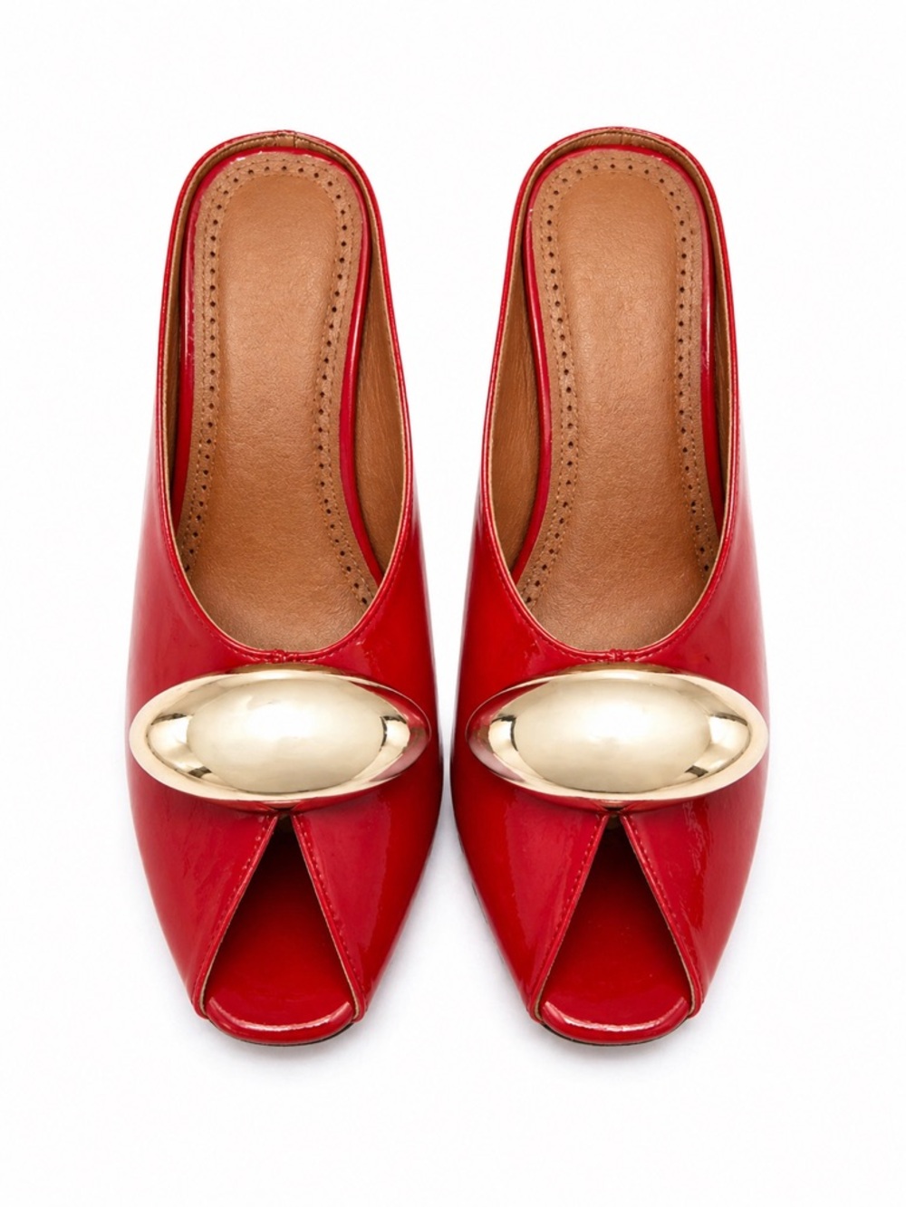 Red Peep-Toe High Heel Mules with Gold Accent - Picture 2 of 3